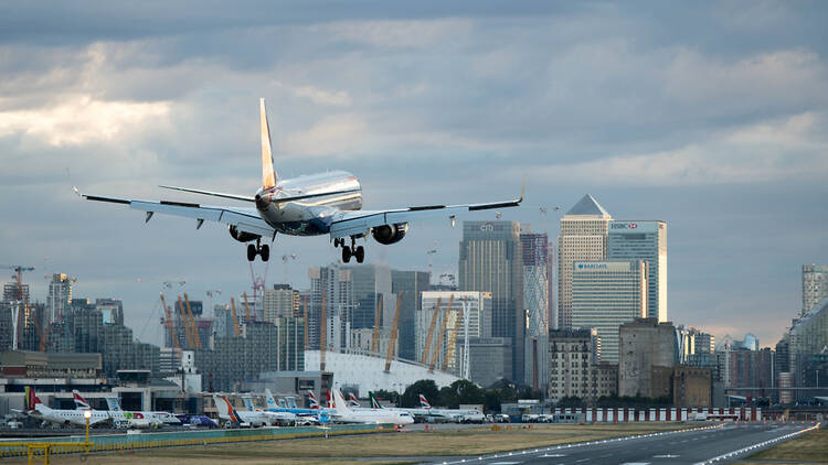 Image of plane taking off at London City Airport. 