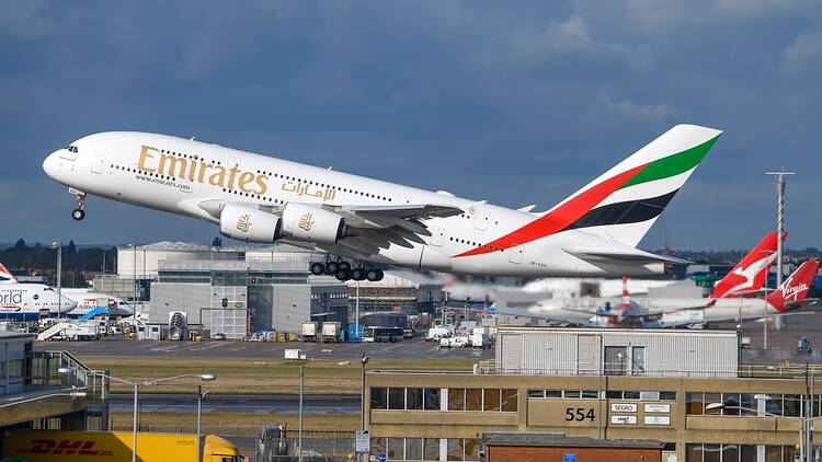 Emirates plane taking off from Heathrow airport in London