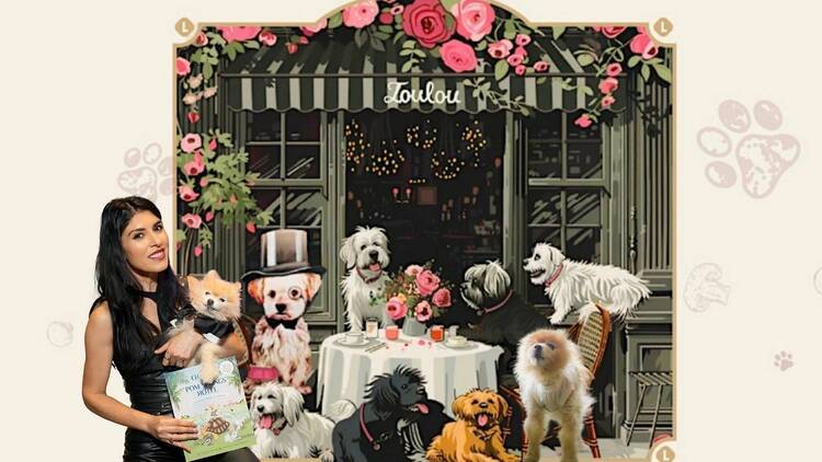 An illustration of dogs enjoying a fancy dinner.