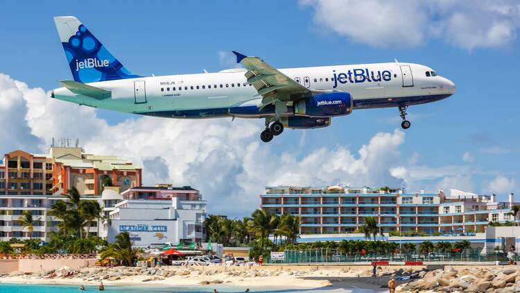 JetBlue Airbus A320 airplane at Sint Maarten Airport in the Netherlands Antilles.