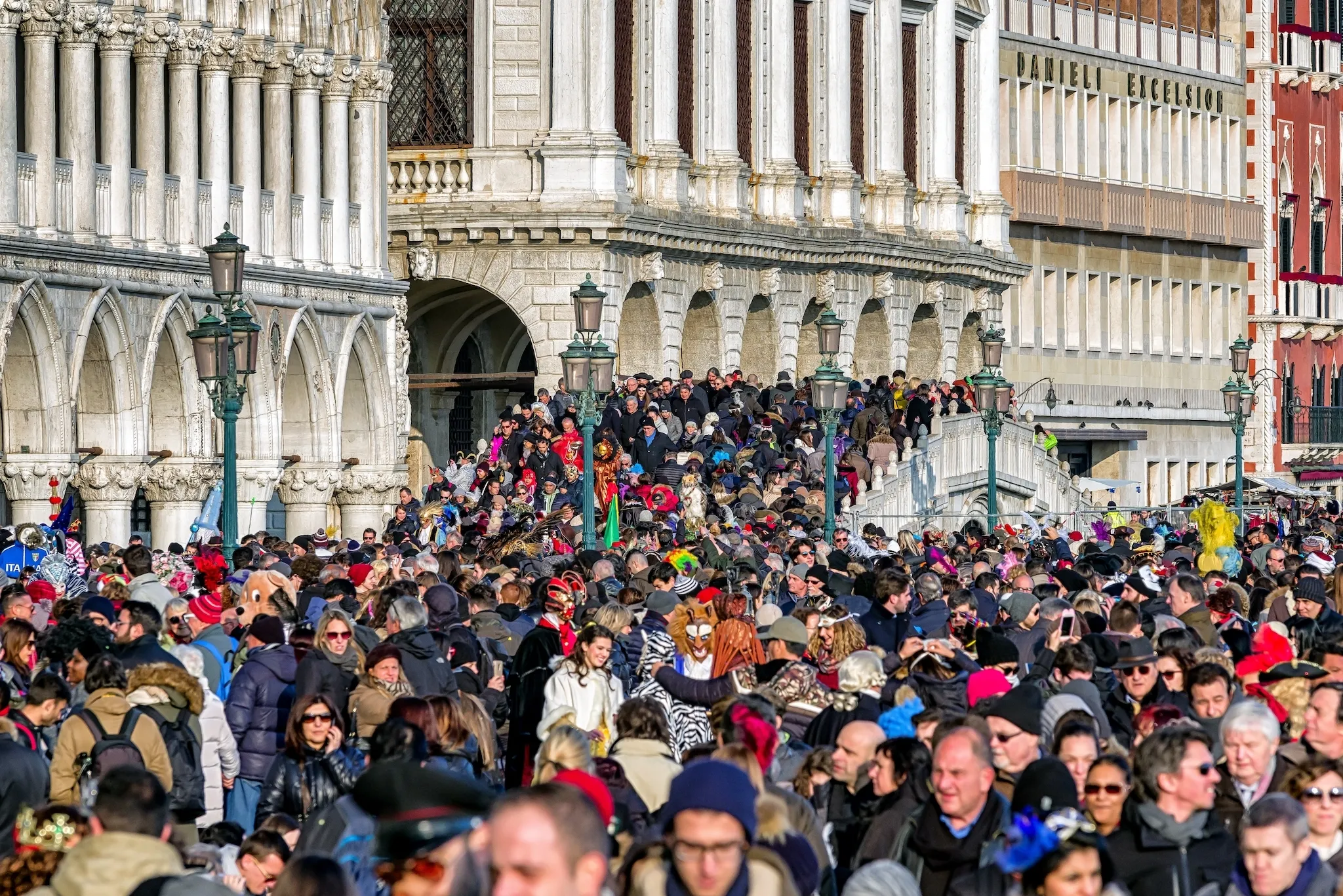 Overcrowded waterfront in Venice, Italy