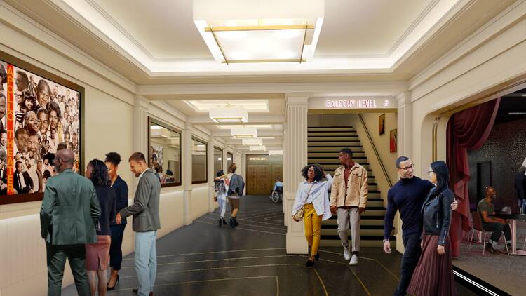 A rendering of the lobby area of a theater.