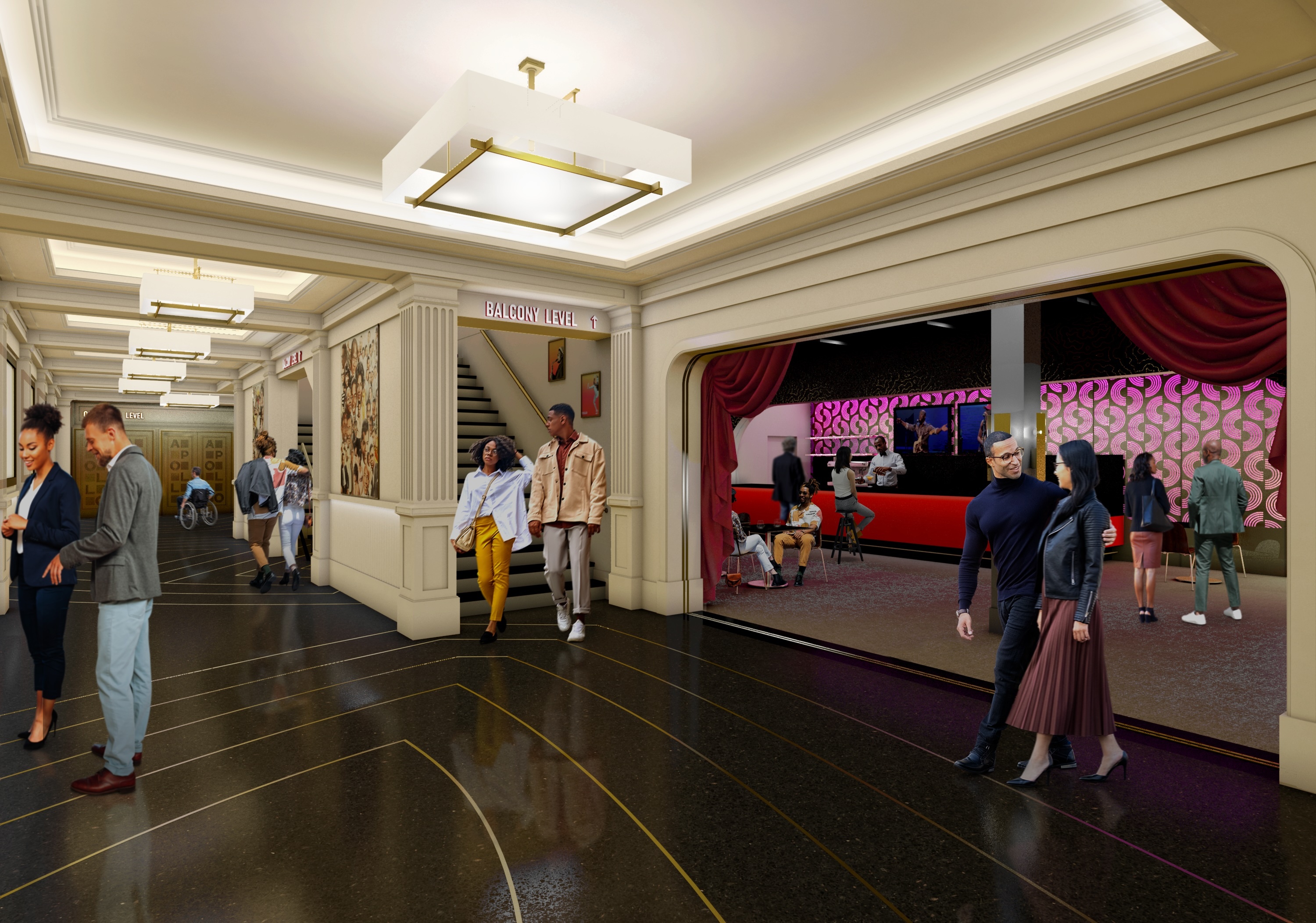 A rendering of the lobby area of a theater.