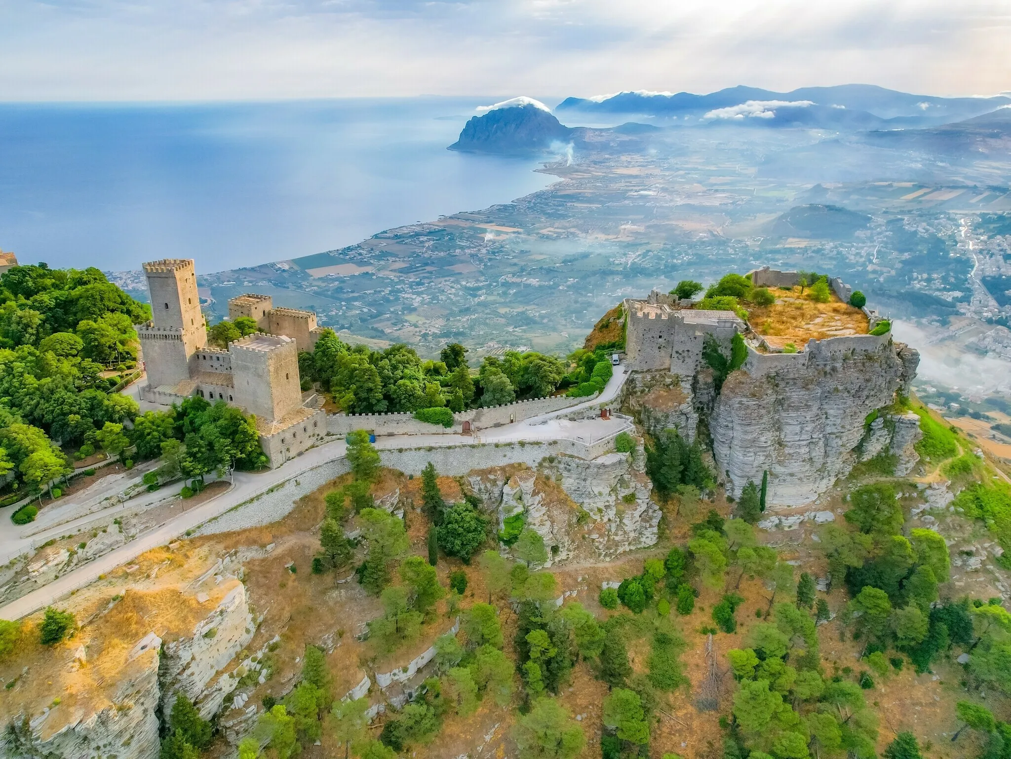 Aerial view of historic town of Erice near Trapani. Castello di Venere, Sicily, Italy