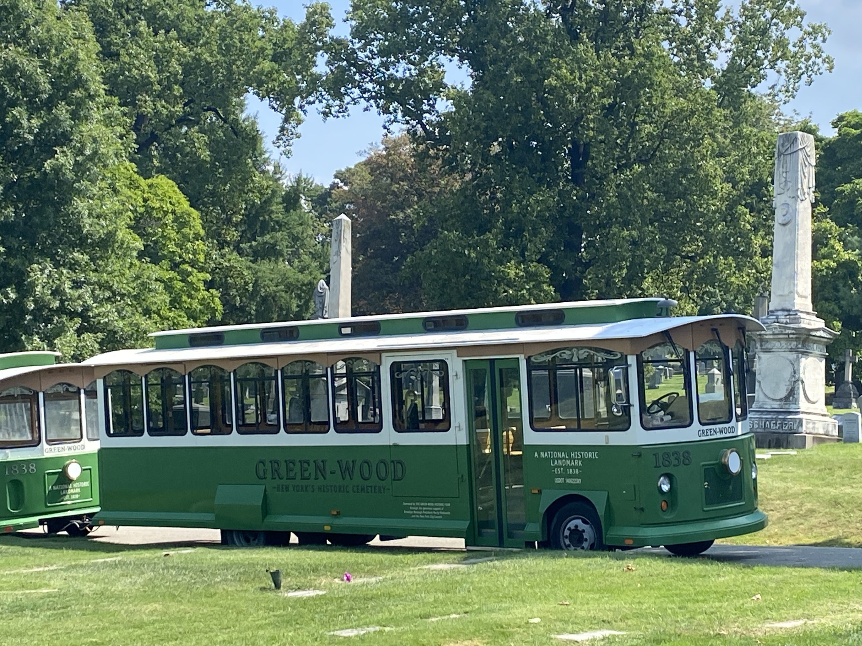 A green trolley at Green-Wood Cemetery.