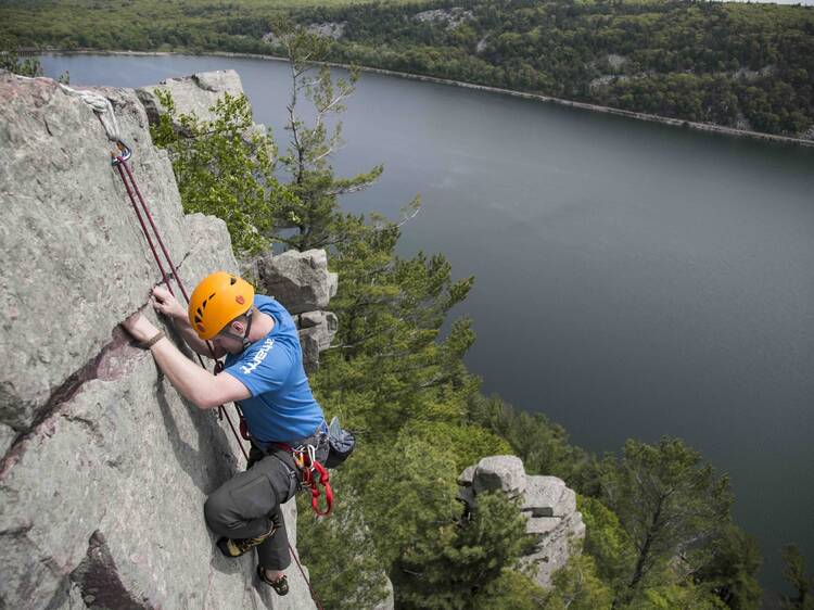 A person rock climbing