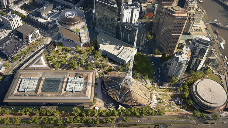 An aerial view of Melbourne's arts precinct with the new green gardens. 