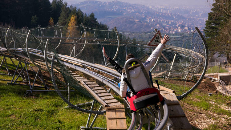 A man with arms up enjoying an alpine rollercoaster