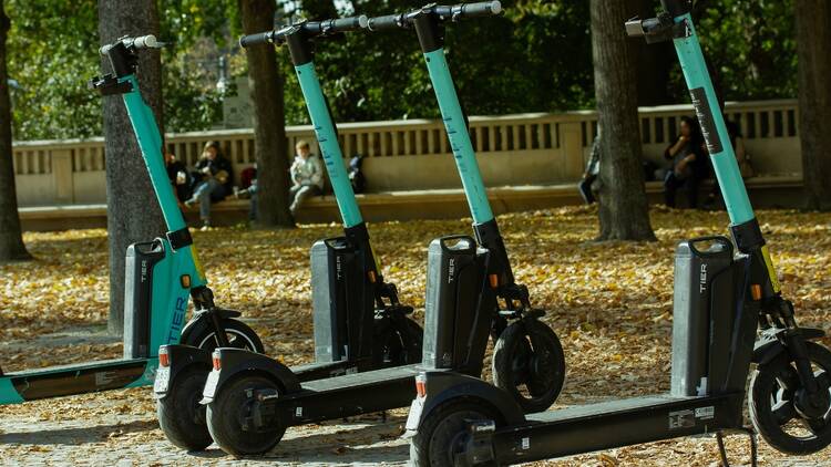 Madrid Spain. 1 October 2022 Bolt scooters are parked on city street. Green electric transportation for getting around the urban city environment. Rental e-schooter outdoors. Sport recreation