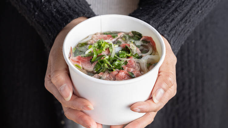 A person holding a bowl of pho.