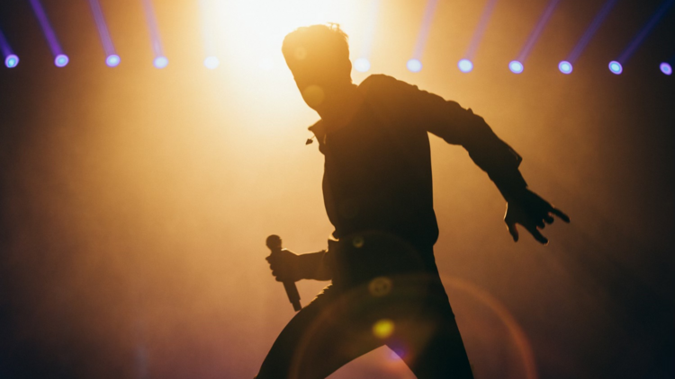 Brandon Flowers on stage in silhouette. 