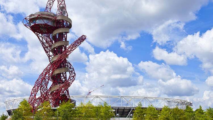 The ArcelorMittal Orbit observation tower and London Olympic Stadium in Stratford, east London