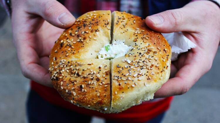 An everything bagel with scallion cream cheese