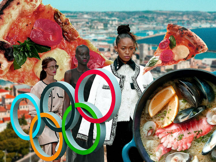 Marseille scene showing three models, pizza slices, Bouillabaisse and the Olympic rings