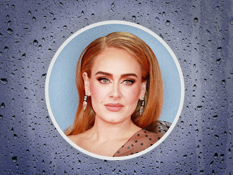 Photo of singer Adele against a background of raindrops