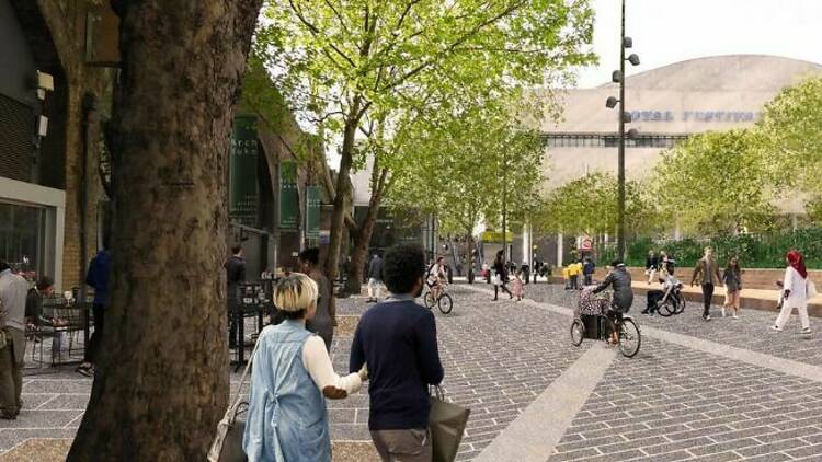 A rendered image of the pedestrianisation of Concert Hall Approach on the South Bank