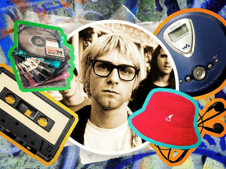 90s songs asset featuring walkman, tapes and bucket hat