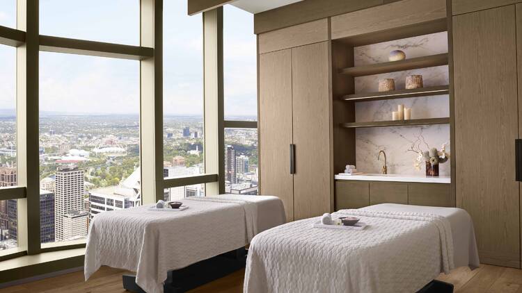 Two massage beds in a room with terrific views. 