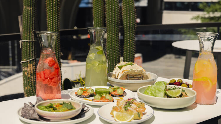 A spread of food on a table outdoors