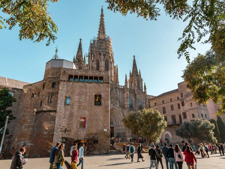 Barcelona, Spain - FEB 10, 2022: Santa Maria del Mar church in the Ribera district of Barcelona, built between 1329 and 1383.