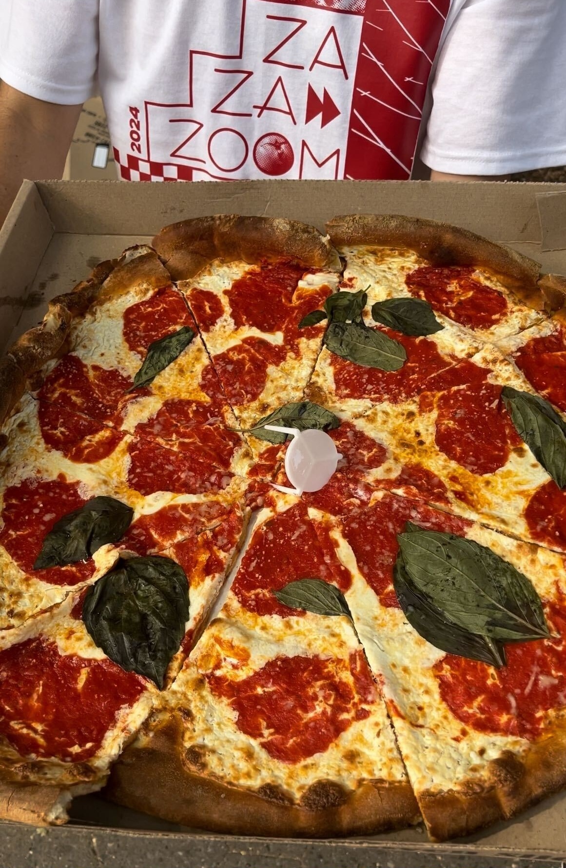 Person holding a box of Margherita pizza