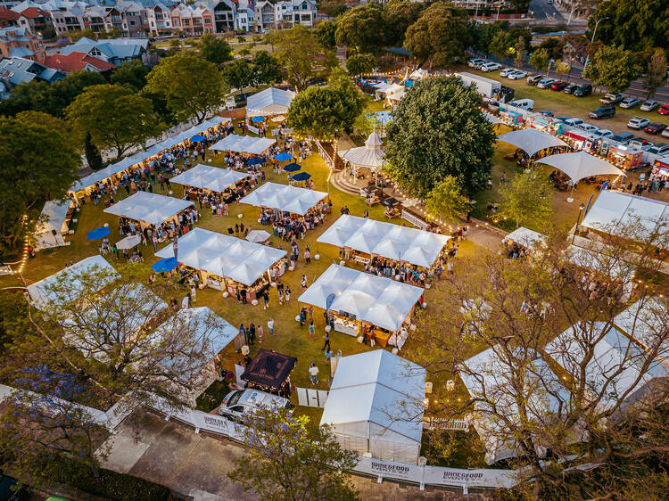 Aerial shot of food and wine festival in parkland