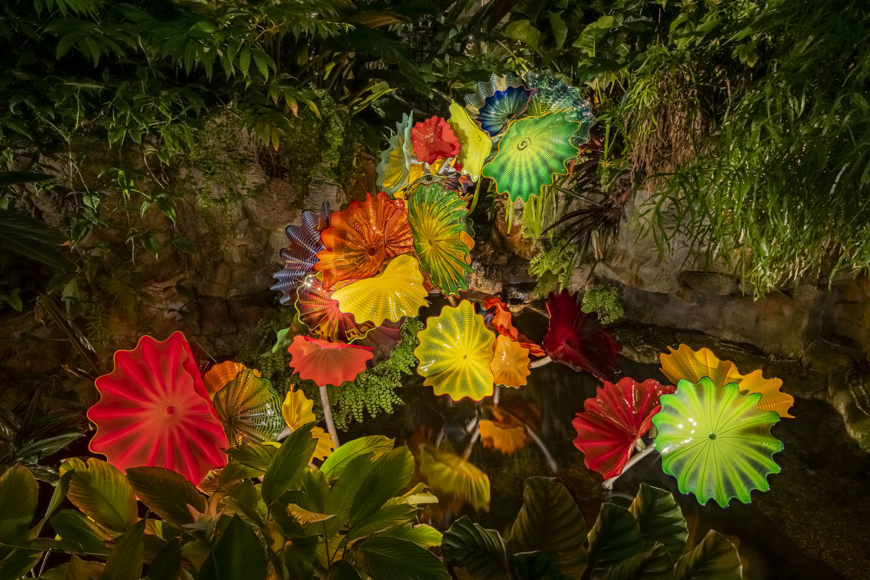 Flower sculptures in the mossy garden 