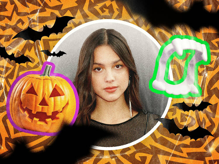 An image of Olivia Rodrigo against a spooky background, surrounded by bats and pumpkins