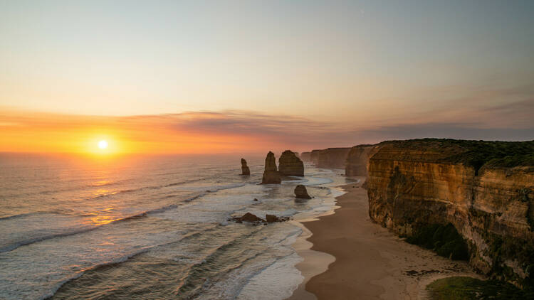 The 12 Apostles at sunset.