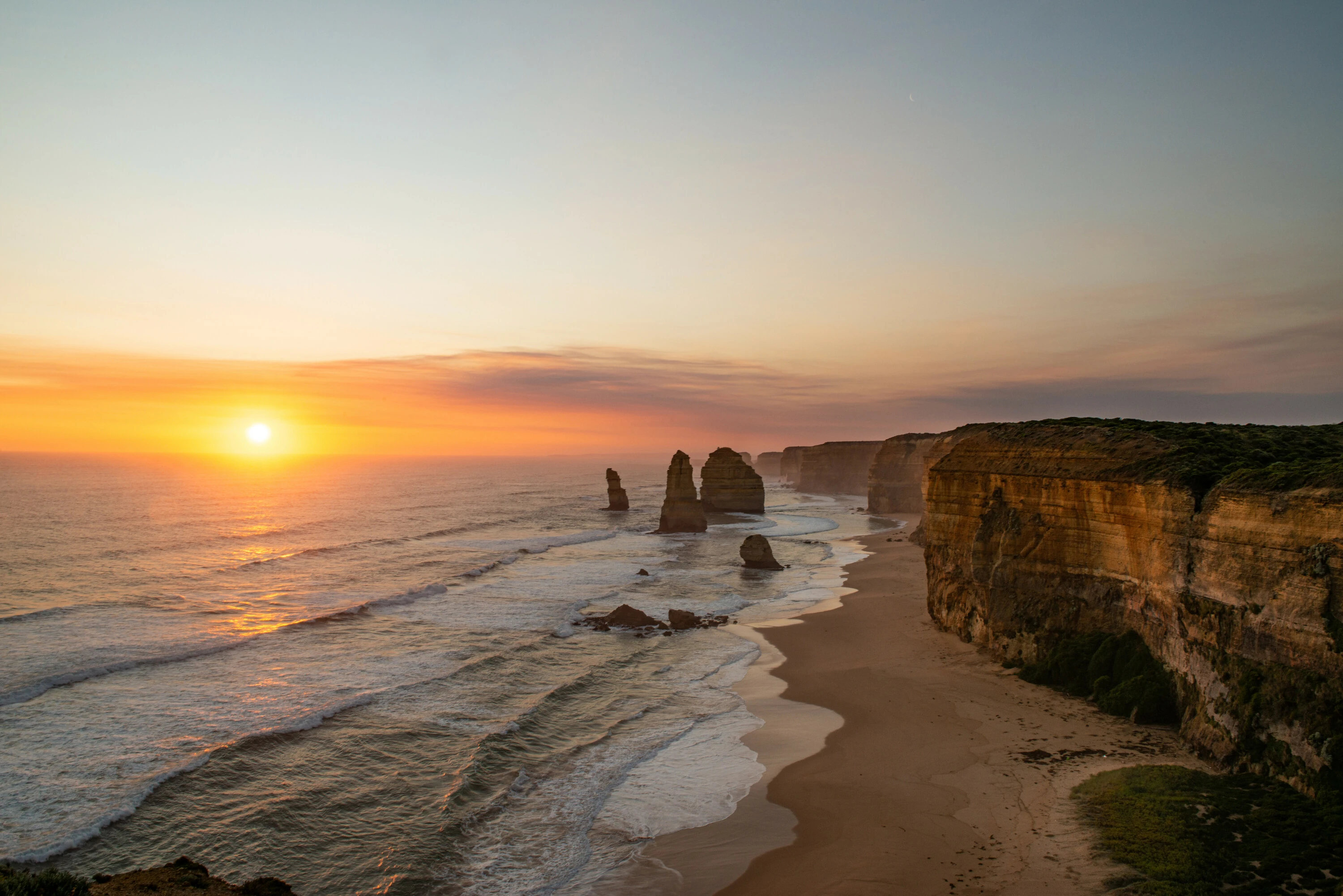The 12 Apostles at sunset.
