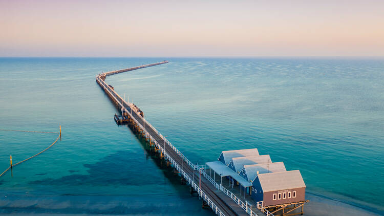 Aerial view of Busselton Jetty at sunset