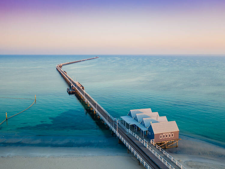 Aerial view of Busselton Jetty at sunset