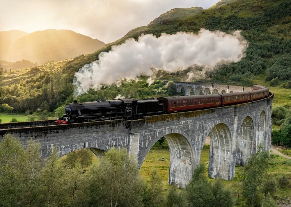 Image of steam train crossing the Glenfinnan viaduct in the Scottish Highlands
