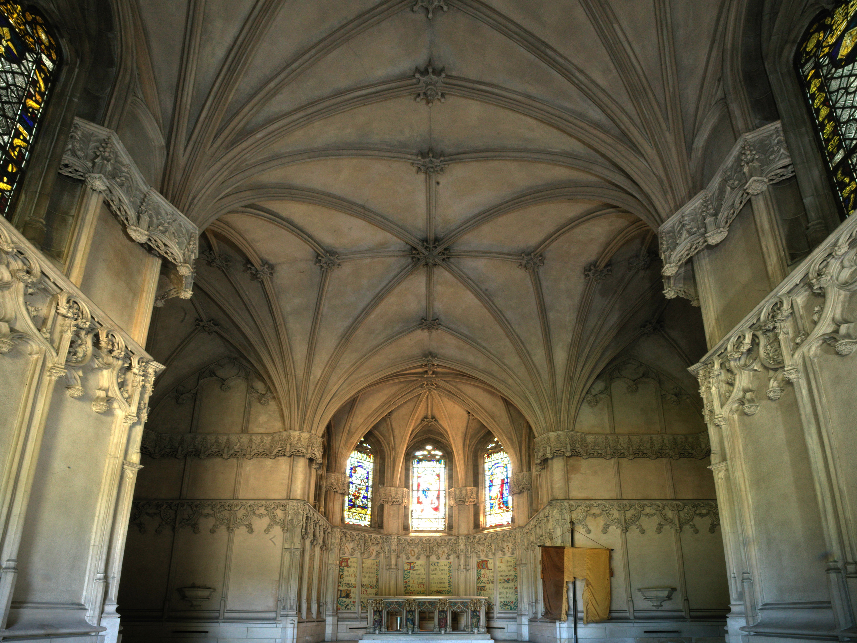 A vaulted ceiling inside a mausoleum.