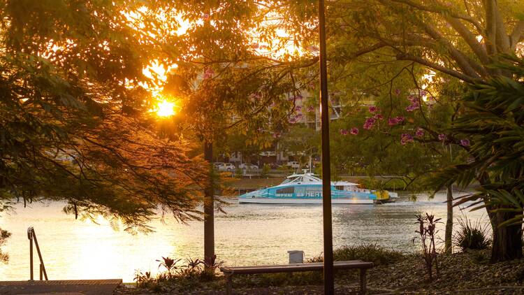 Riverside park at sunset