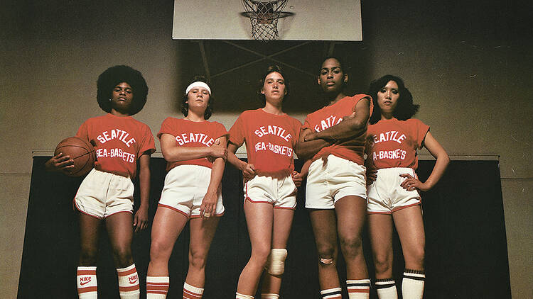 A poster reading It’s a Whole New Ball Game featuring the Seattle Sea Baskets, c. 1980