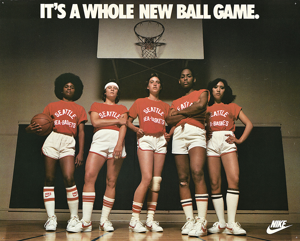 A poster reading It’s a Whole New Ball Game featuring the Seattle Sea Baskets, c. 1980