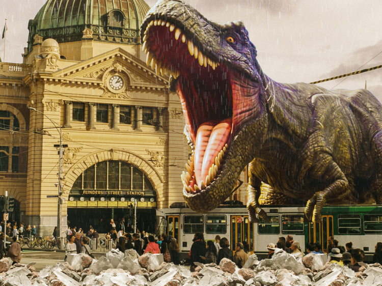 A dinosaur in front of Flinders Street Station.