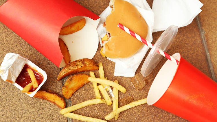 Fast food pile with burger and chips