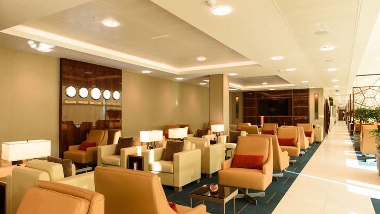 Armchairs in the Emirates Lounge in Stansted Airport, London. 