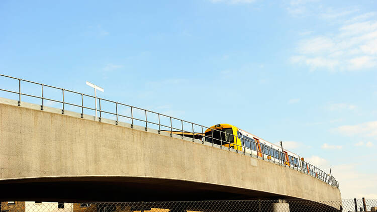 London Overground train on a bridge