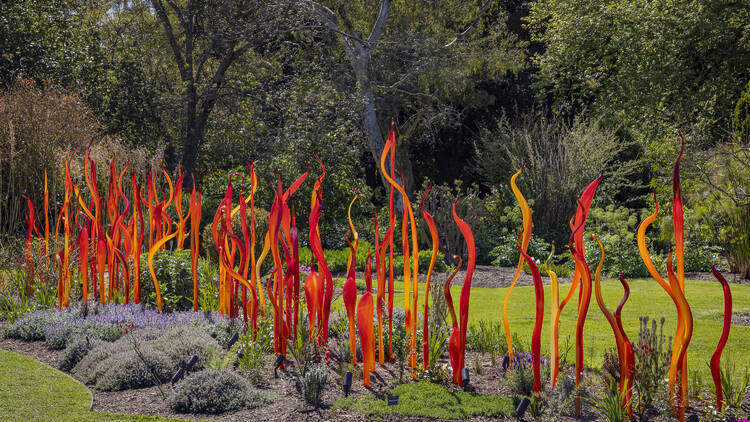 Red glass sculptures in garden 