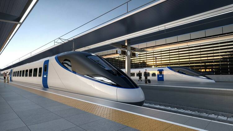 HS2 train at a platform, rendered design image