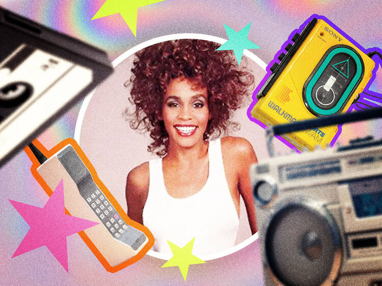 Best 80s songs asset, Whitney Houston surrounded by emojis