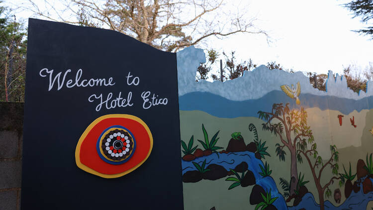 Welcome sign at Hotel Etico, Mount Victoria