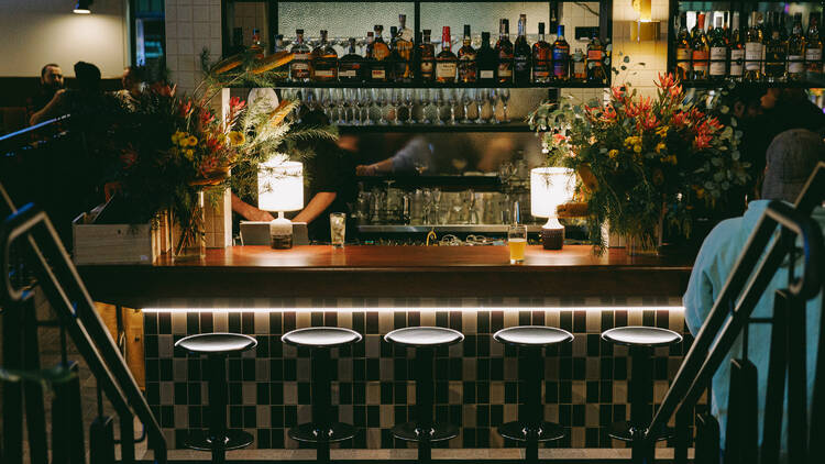 Stairway entrance to a plant-decorated bar.