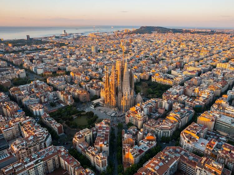 Aerial view of Barcelona with La Sagrada Familia in the middle