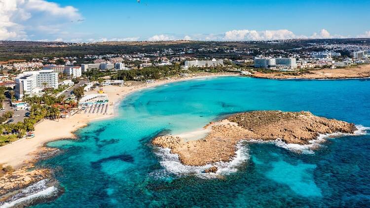 Aerial view of Nissi beach in Ayia Napa, Cyprus