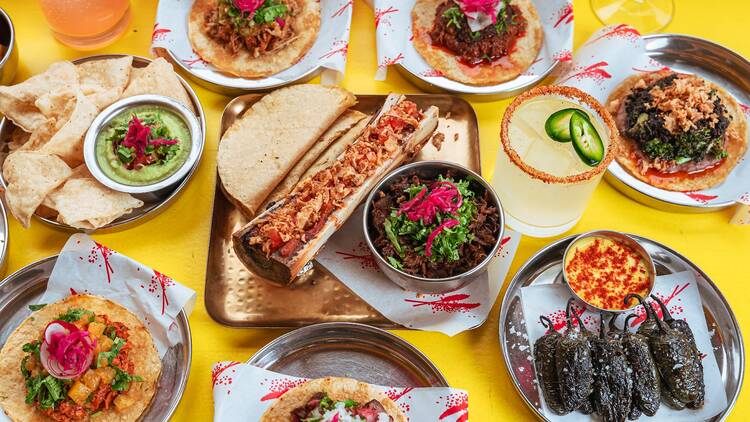 Spread of food and cocktails from Leyton mexican restaurant Homies on Donkeys