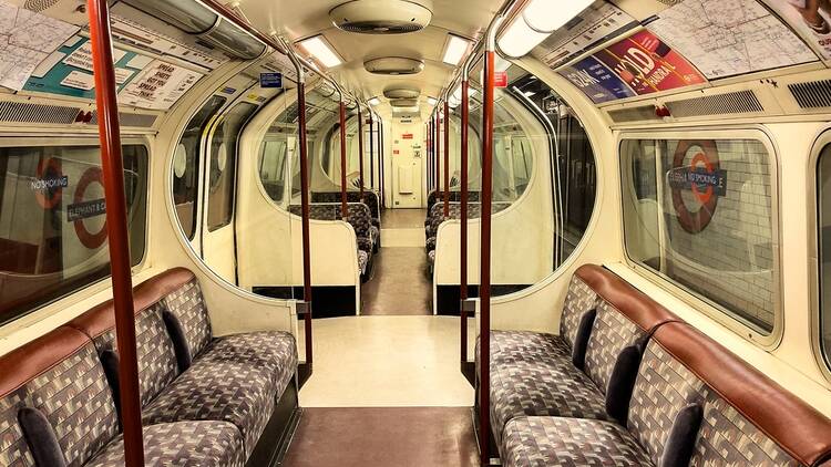 Inside of a Bakerloo line train on the London Underground